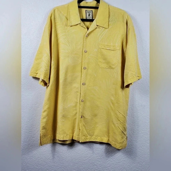 Jamaica Jaxx Tropical Leaves Button Down Shirt 100% Silk Yellow Size XXL Beach - Picture 1 of 6